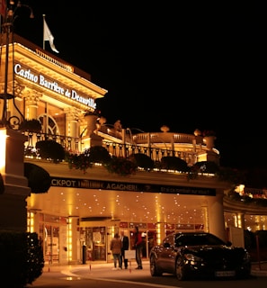 A luxurious casino at night, illuminated with warm, golden lights. The building features elegant architecture with columns and decorative elements. A few people are walking towards the entrance, and there are a couple of parked cars nearby.